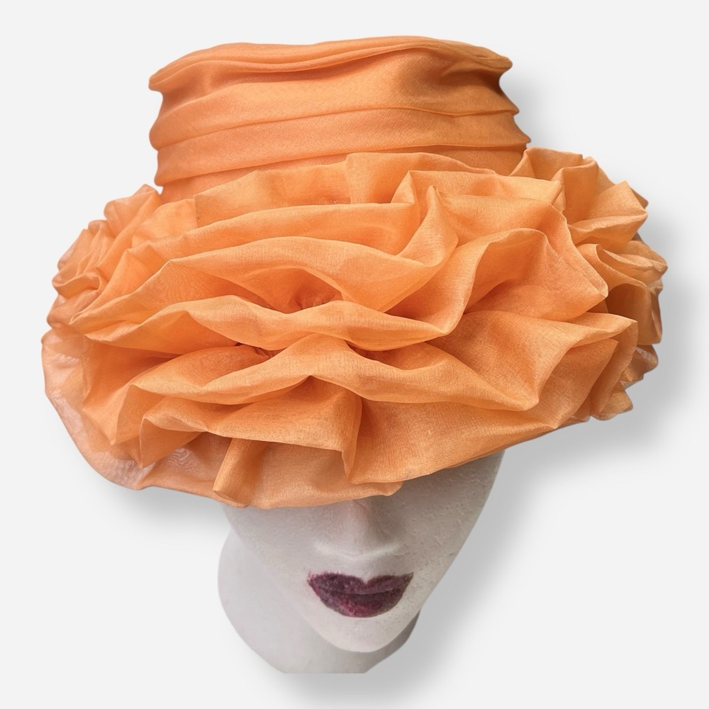 Vintage Evelyn Varon Hat Bucket‎ Union Made USA Lampshade Orange Ruffle Bow
